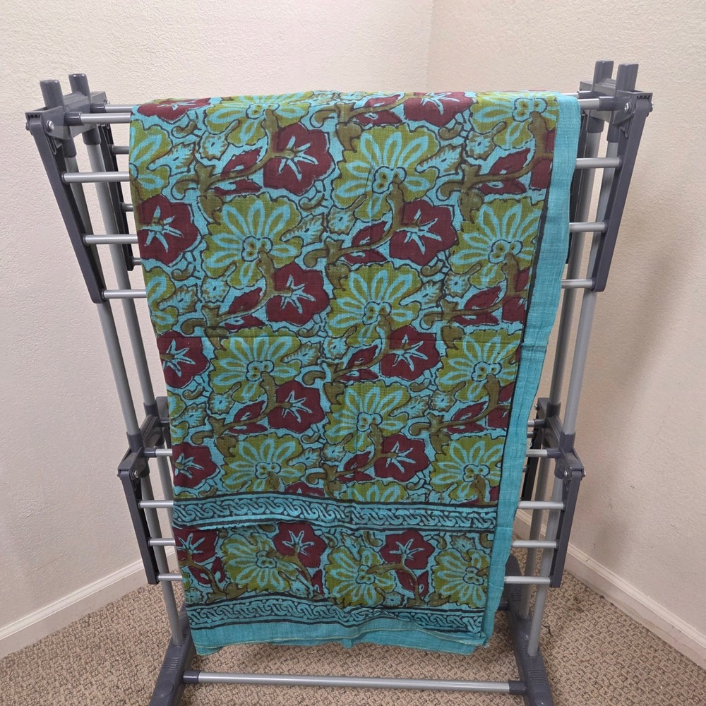 Vintage Indian Hand Block Print Floral Cotton Bedspread Blue Burgundy 86x104